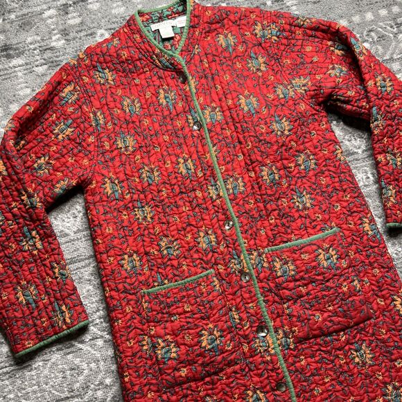 Orvis Long Quilted Button Up Jacket Coat Robe Red Floral Small Cotton Reversible - Picture 2 of 12